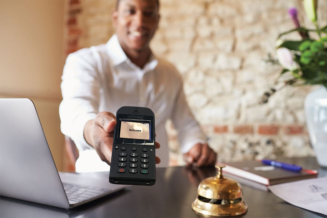 Hotel concierge and lobbies use the DynaPro Go card reader with PIN Pad for lodging payments