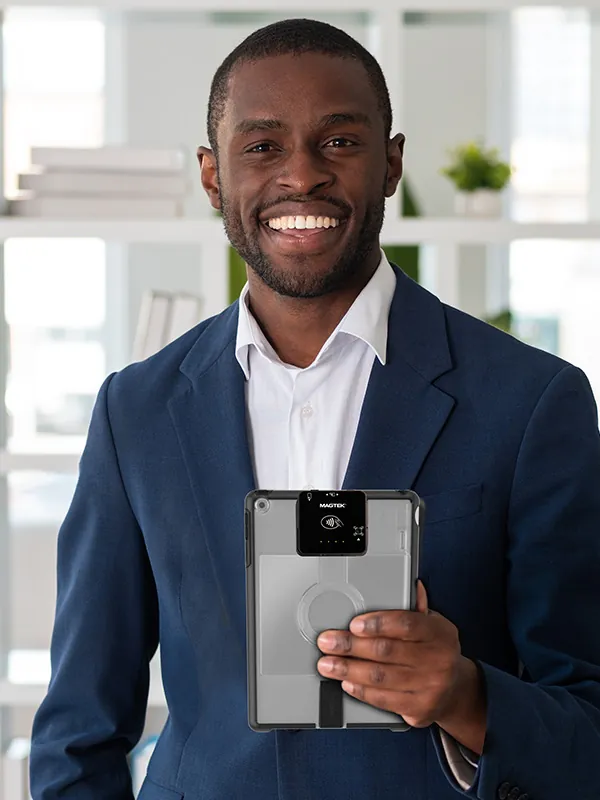 MagTek DynaFlex II Go on a tablet stand for banking and financial services