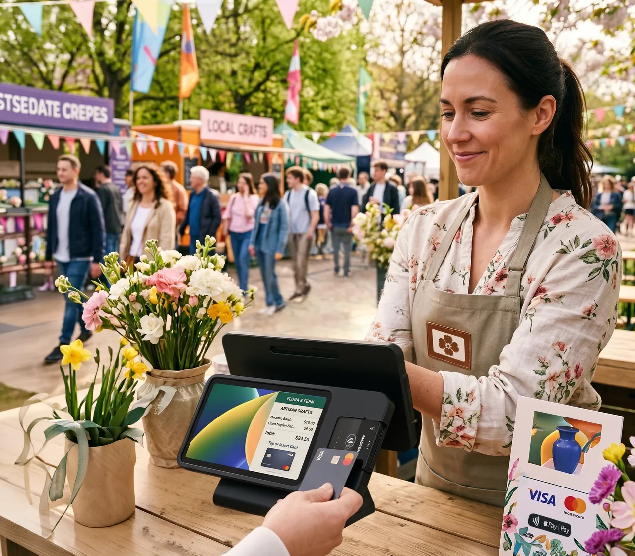 MagTek DynaFlex II Go portable payment center in use at a festival retail stand